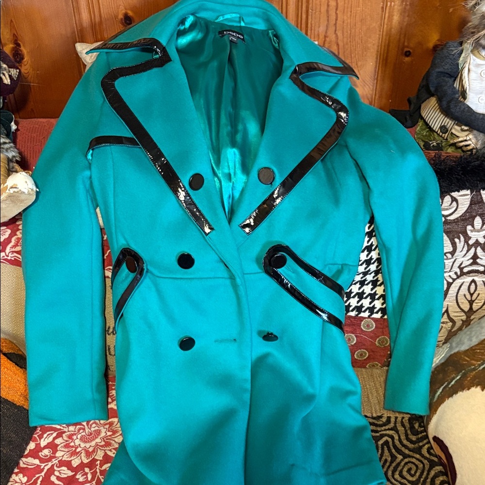bebe Teal Double-Breasted Pea Coat with Black Accents